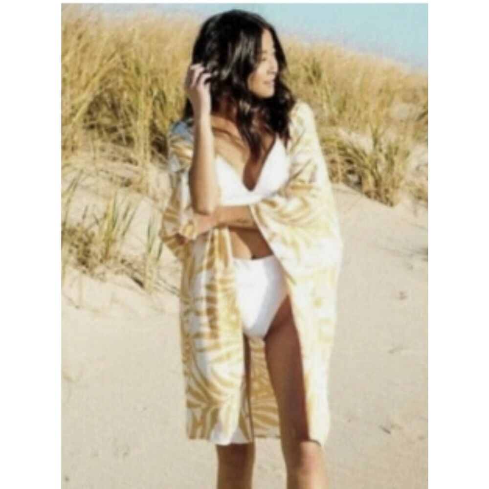NWOT Maison Du Soir Magnolia Luxe Palm Kimono Robe in Orange/White Size XS/S